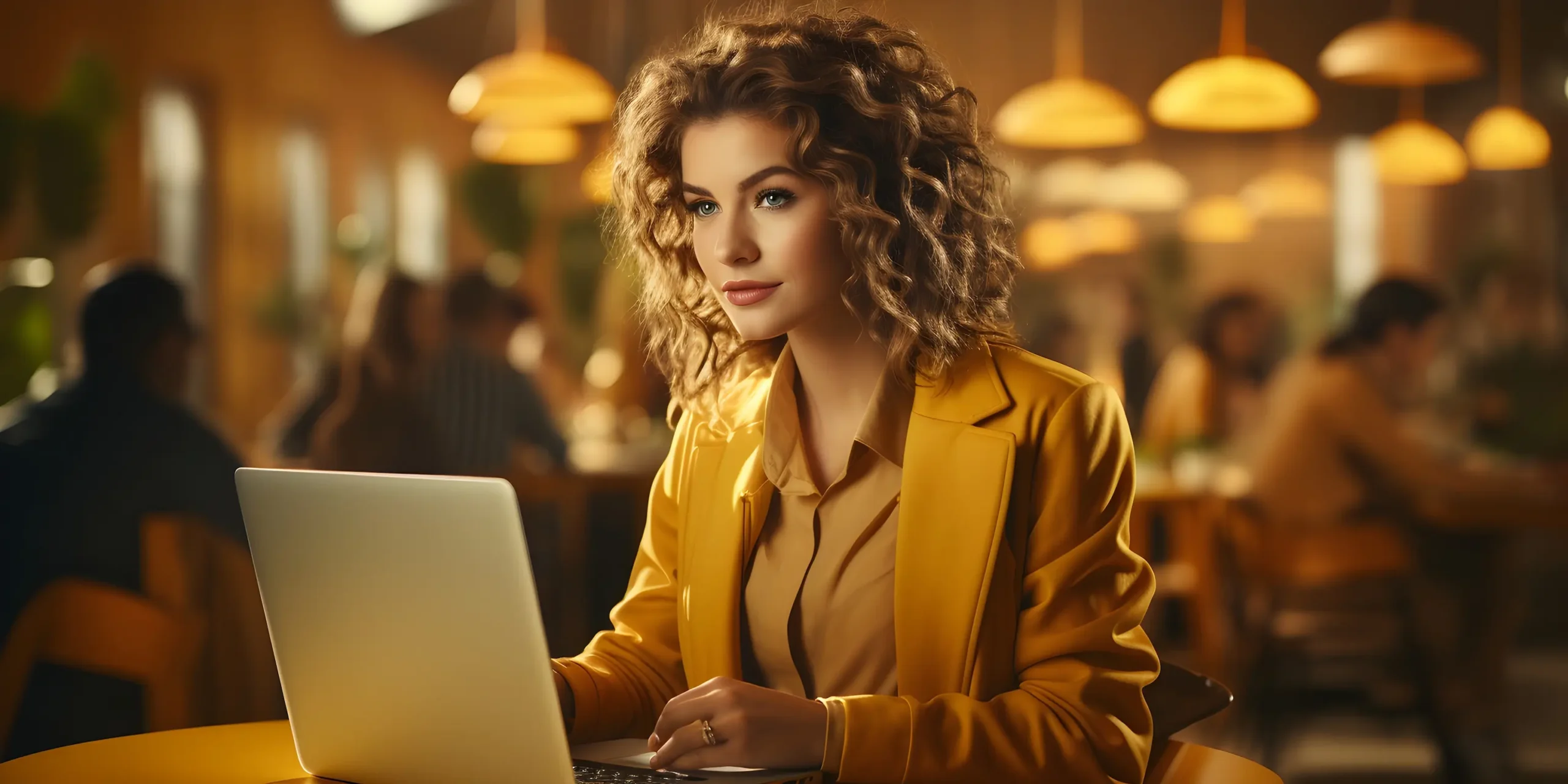 young stylish female with curly hair using laptop computer marketing agency