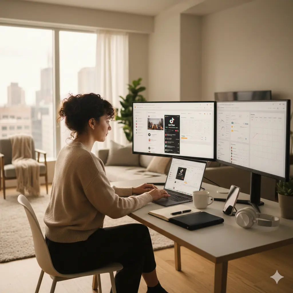Social media virtual assistant working remotely at a modern home office desk managing multiple social media platforms.