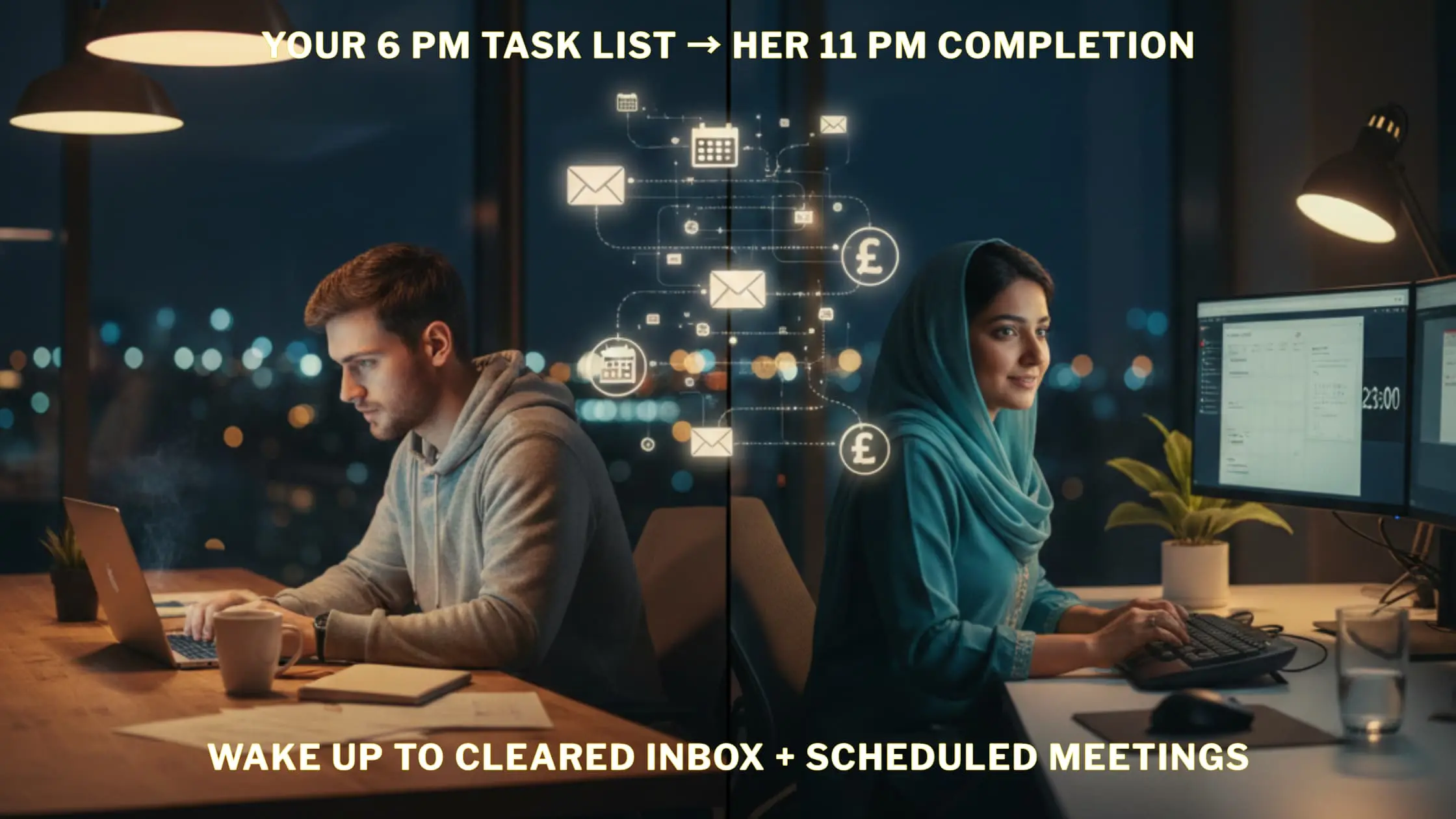 UK startup founder collaborating with Pakistan-based virtual assistant overnight