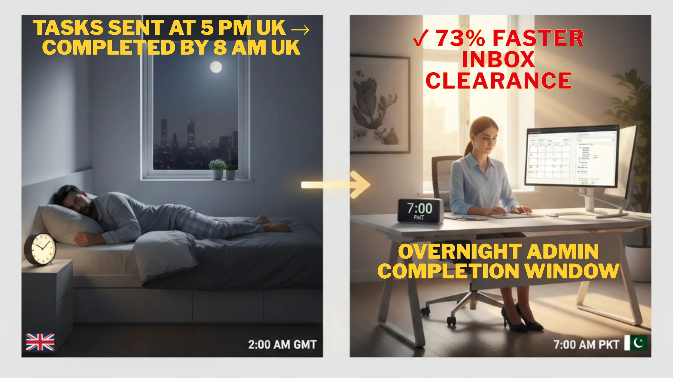 UK business owner sleeps while Pakistani VA completes admin tasks overnight – timezone advantage diagram